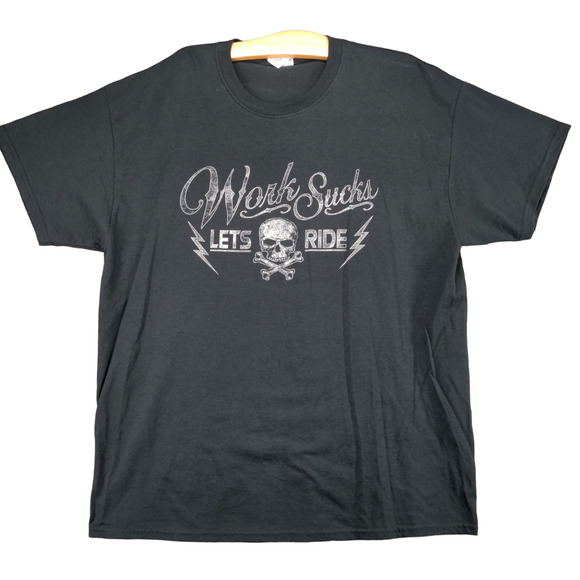 Works Sucks Men's Lets Ride Skull Print T-Shirt Black XL Crew Neck Biker - Picture 1 of 14